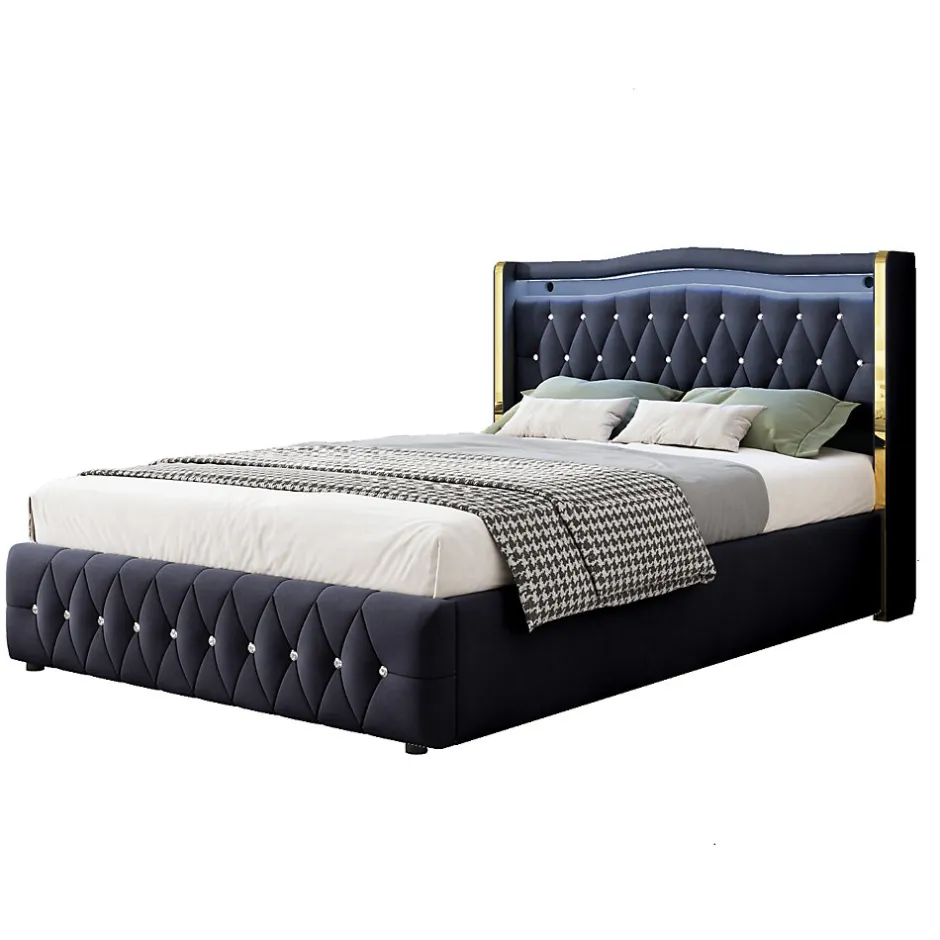 Redom Lit 140x200 cm avec rangement hydraulique, tête capitonnée en velours noir, éclairage LED et pieds larges