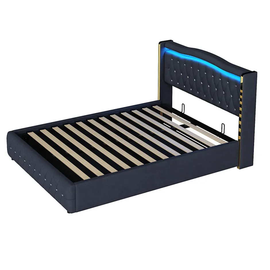 Redom Lit 140x200 cm avec rangement hydraulique, tête capitonnée en velours noir, éclairage LED et pieds larges