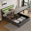 Redom Lit 160x200 cm avec rangement hydraulique et éclairage LED multicolore, revêtement lin gris moderne