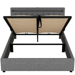 Redom Lit 160x200 cm avec rangement hydraulique et éclairage LED multicolore, revêtement lin gris moderne