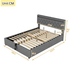 Redom Lit 160x200 cm avec rangement hydraulique et éclairage LED multicolore, revêtement lin gris moderne
