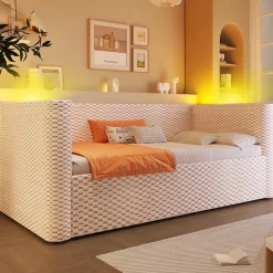 Redom Lit 90x200 cm avec rangement hydraulique et éclairage LED multicolore, velours beige, style minimaliste Clearance