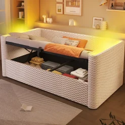 Redom Lit 90x200 cm avec rangement hydraulique et éclairage LED multicolore, velours beige, style minimaliste Clearance