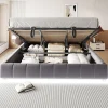 Redom Lit 180x200 cm avec rangement hydraulique et bande LED blanche intégrée, tapissé flanelle gris, cadre métal robuste