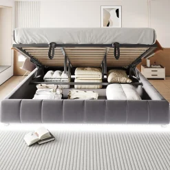 Redom Lit 180x200 cm avec rangement hydraulique et bande LED blanche intégrée, tapissé flanelle gris, cadre métal robuste