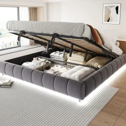 Redom Lit 180x200 cm avec rangement hydraulique et bande LED blanche intégrée, tapissé flanelle gris, cadre métal robuste