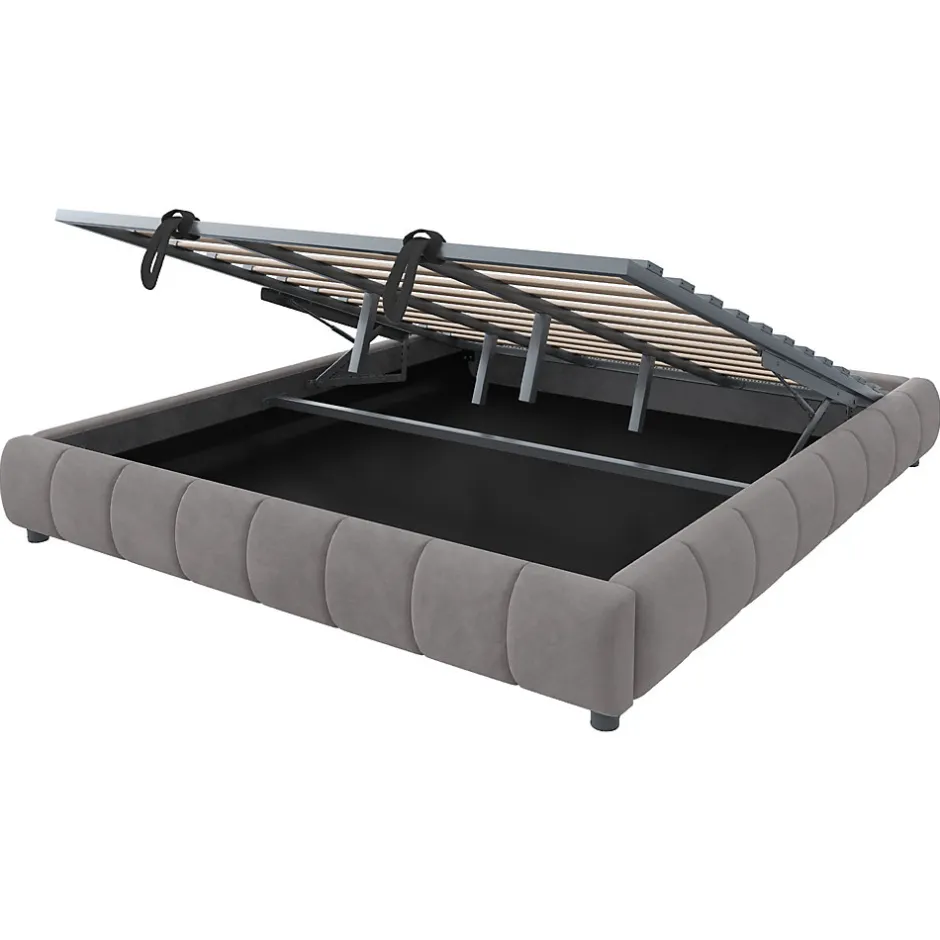 Redom Lit 180x200 cm avec rangement hydraulique et bande LED blanche intégrée, tapissé flanelle gris, cadre métal robuste