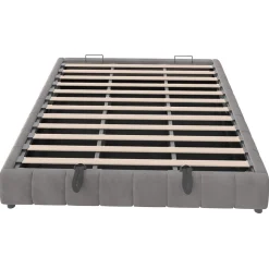 Redom Lit 180x200 cm avec rangement hydraulique et bande LED blanche intégrée, tapissé flanelle gris, cadre métal robuste