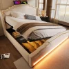 Redom Lit 140x200 cm avec rangement hydraulique, éclairage LED multicolore et tête de lit tapissée en velours beige
