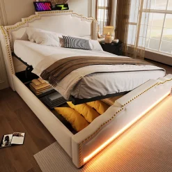 Redom Lit 140x200 cm avec rangement hydraulique, éclairage LED multicolore et tête de lit tapissée en velours beige