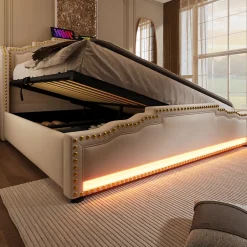 Redom Lit 140x200 cm avec rangement hydraulique, éclairage LED multicolore et tête de lit tapissée en velours beige