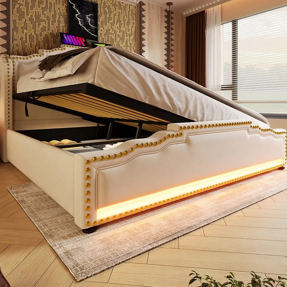 Redom Lit 140x200 cm avec rangement hydraulique, éclairage LED multicolore et tête de lit tapissée en velours beige
