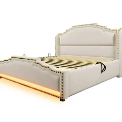 Redom Lit 140x200 cm avec rangement hydraulique, éclairage LED multicolore et tête de lit tapissée en velours beige