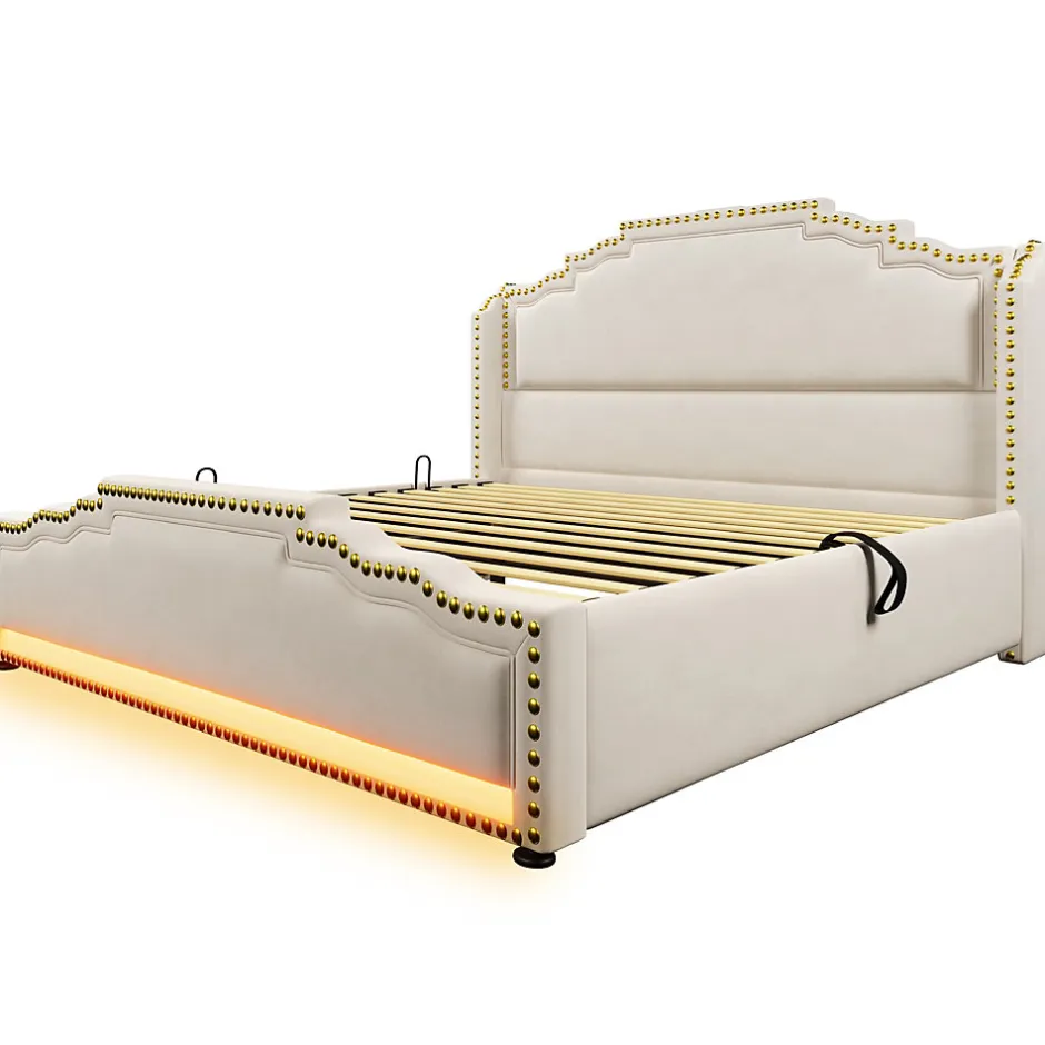 Redom Lit 140x200 cm avec rangement hydraulique, éclairage LED multicolore et tête de lit tapissée en velours beige