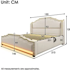 Redom Lit 140x200 cm avec rangement hydraulique, éclairage LED multicolore et tête de lit tapissée en velours beige