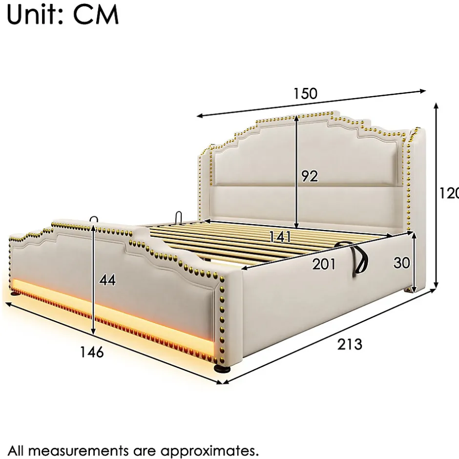 Redom Lit 140x200 cm avec rangement hydraulique, éclairage LED multicolore et tête de lit tapissée en velours beige