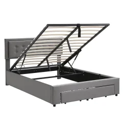 Redom Lit 140x200 cm avec rangement hydraulique et tête de lit réglable, tapissé velours gris, pieds métal