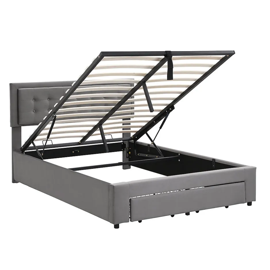Redom Lit 140x200 cm avec rangement hydraulique et tête de lit réglable, tapissé velours gris, pieds métal