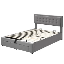 Redom Lit 140x200 cm avec rangement hydraulique et tête de lit réglable, tapissé velours gris, pieds métal