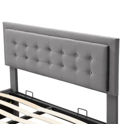 Redom Lit 140x200 cm avec rangement hydraulique et tête de lit réglable, tapissé velours gris, pieds métal