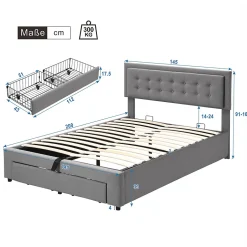 Redom Lit 140x200 cm avec rangement hydraulique et tête de lit réglable, tapissé velours gris, pieds métal