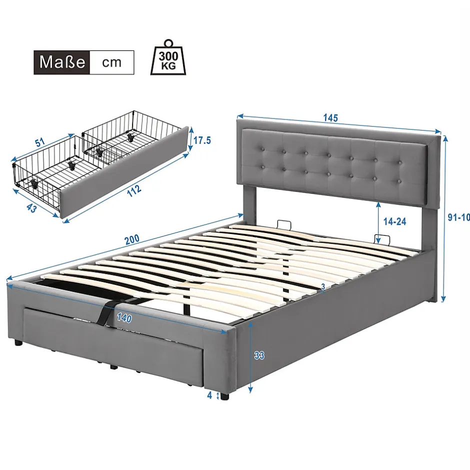 Redom Lit 140x200 cm avec rangement hydraulique et tête de lit réglable, tapissé velours gris, pieds métal