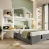 Redom Lit 90x200 cm avec rangement hydraulique, tête de lit étagère en lin gris et ports USB-C, design contemporain