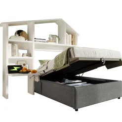 Redom Lit 90x200 cm avec rangement hydraulique, tête de lit étagère en lin gris et ports USB-C, design contemporain