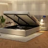 Redom Lit 180x200 cm avec rangement hydraulique, tête rembourrée en lin gris, ports USB et charge sans fil Clearance