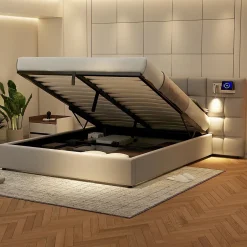 Redom Lit 180x200 cm avec rangement hydraulique, tête rembourrée en lin gris, ports USB et charge sans fil Clearance