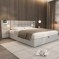 Redom Lit 180x200 cm avec rangement hydraulique, tête rembourrée en lin gris, ports USB et charge sans fil Clearance