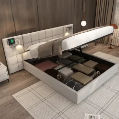 Redom Lit 180x200 cm avec rangement hydraulique, tête rembourrée en lin gris, ports USB et charge sans fil Clearance