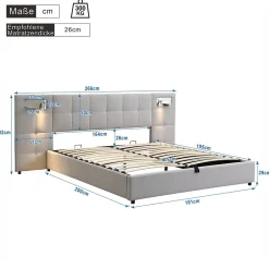 Redom Lit 180x200 cm avec rangement hydraulique, tête rembourrée en lin gris, ports USB et charge sans fil Clearance