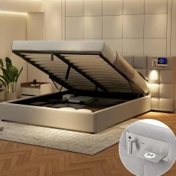 Redom Lit 180x200 cm avec rangement hydraulique, tête rembourrée en lin gris, ports USB et charge sans fil Clearance