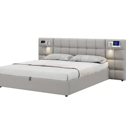 Redom Lit 180x200 cm avec rangement hydraulique, tête rembourrée en lin gris, ports USB et charge sans fil Clearance
