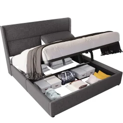 Redom Lit 160x200 cm avec rangement hydraulique et tête de lit réglable, revêtement lin gris et cadre métal Outlet
