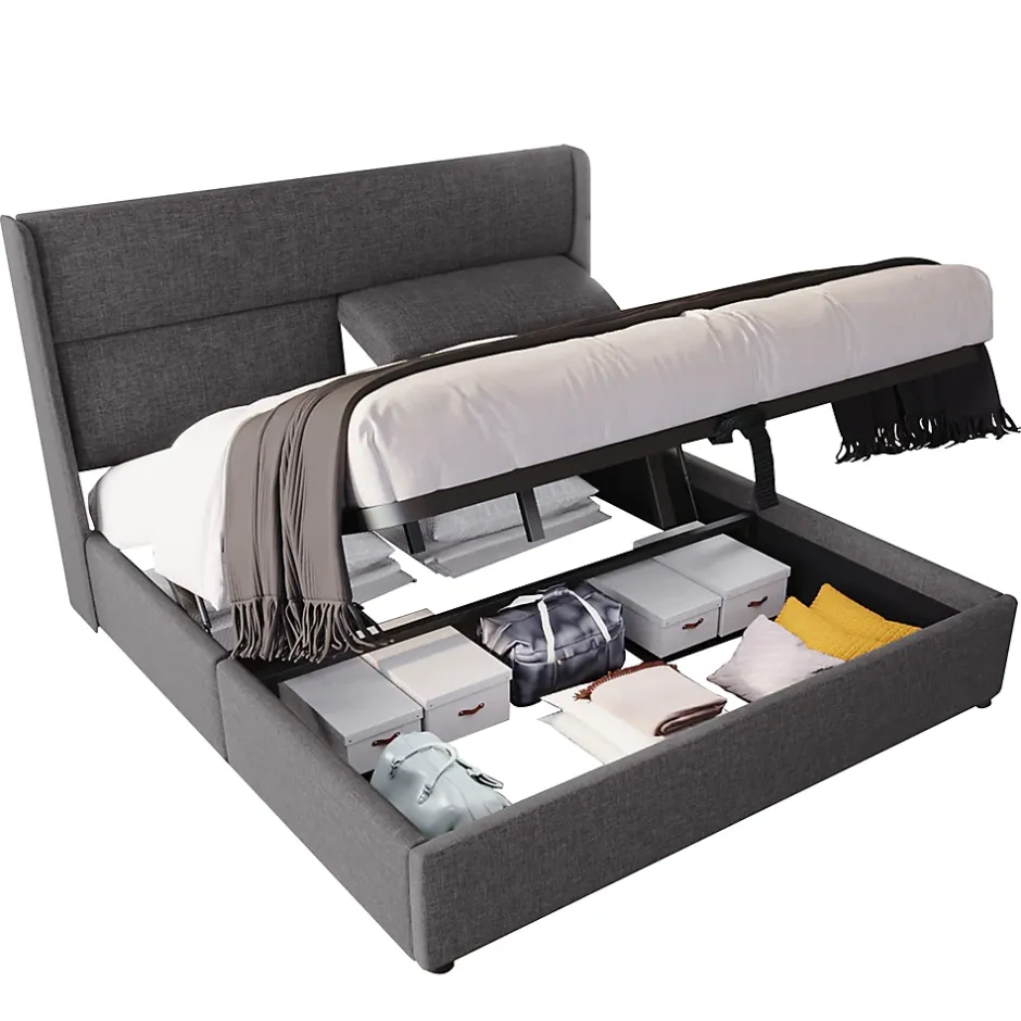 Redom Lit 160x200 cm avec rangement hydraulique et tête de lit réglable, revêtement lin gris et cadre métal Outlet