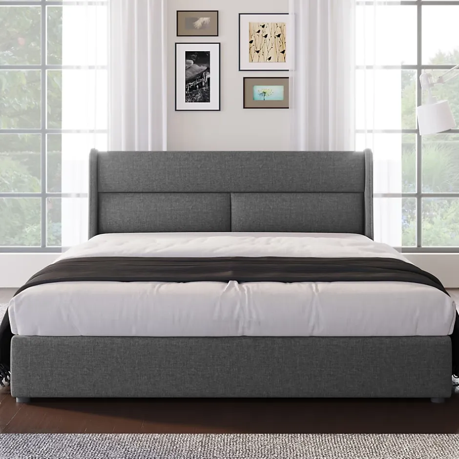 Redom Lit 160x200 cm avec rangement hydraulique et tête de lit réglable, revêtement lin gris et cadre métal Outlet