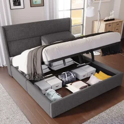 Redom Lit 160x200 cm avec rangement hydraulique et tête de lit réglable, revêtement lin gris et cadre métal Outlet