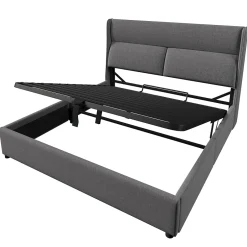 Redom Lit 160x200 cm avec rangement hydraulique et tête de lit réglable, revêtement lin gris et cadre métal Outlet