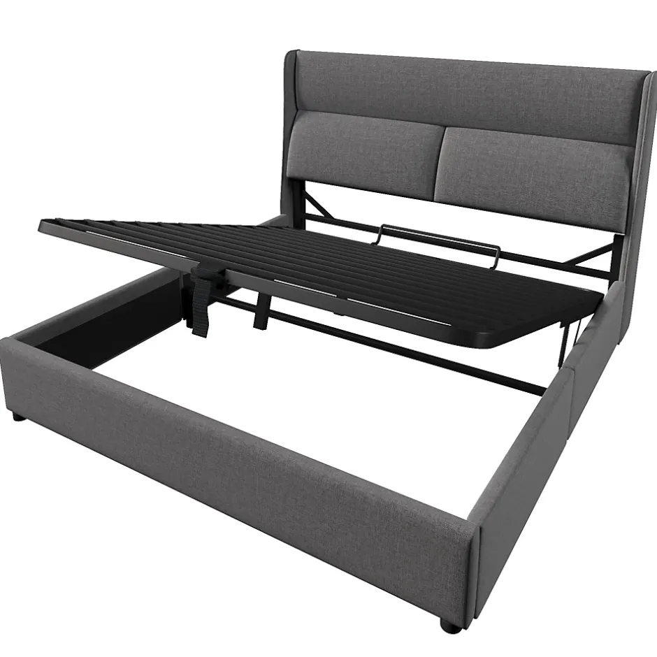 Redom Lit 160x200 cm avec rangement hydraulique et tête de lit réglable, revêtement lin gris et cadre métal Outlet