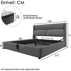 Redom Lit 160x200 cm avec rangement hydraulique et tête de lit réglable, revêtement lin gris et cadre métal Outlet
