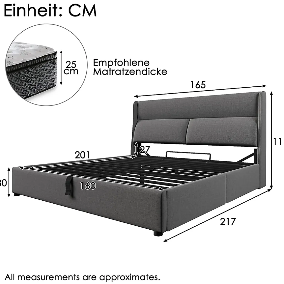 Redom Lit 160x200 cm avec rangement hydraulique et tête de lit réglable, revêtement lin gris et cadre métal Outlet