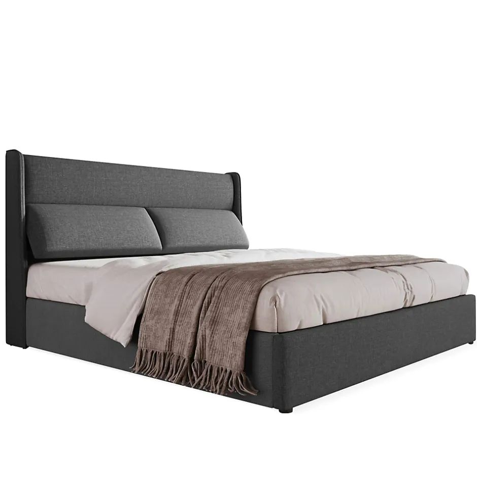 Redom Lit 160x200 cm avec rangement hydraulique et tête de lit réglable, revêtement lin gris et cadre métal Outlet