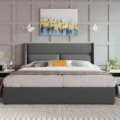 Redom Lit 160x200 cm avec rangement hydraulique et tête de lit réglable, revêtement lin gris et cadre métal Outlet