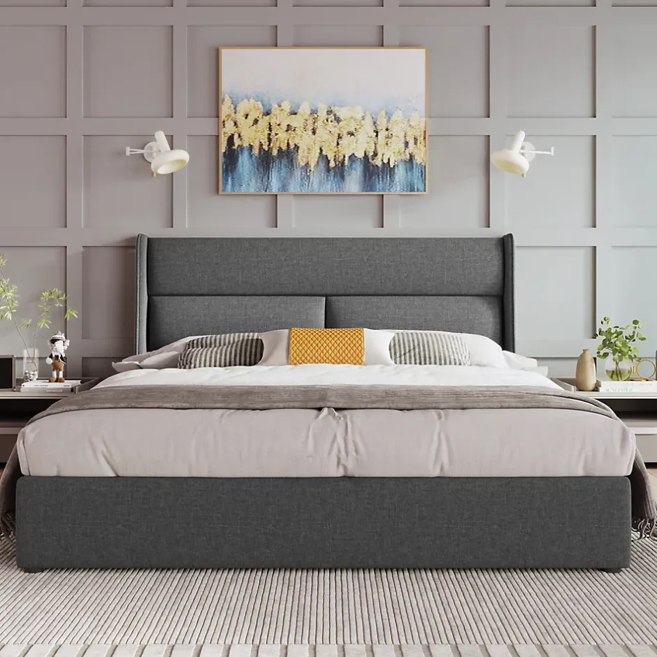 Redom Lit 160x200 cm avec rangement hydraulique et tête de lit réglable, revêtement lin gris et cadre métal Outlet