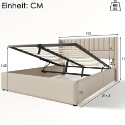 Redom Lit 140x200 cm avec rangement hydraulique et tête de lit rembourrée en lin beige, design moderne et élégant Clearance