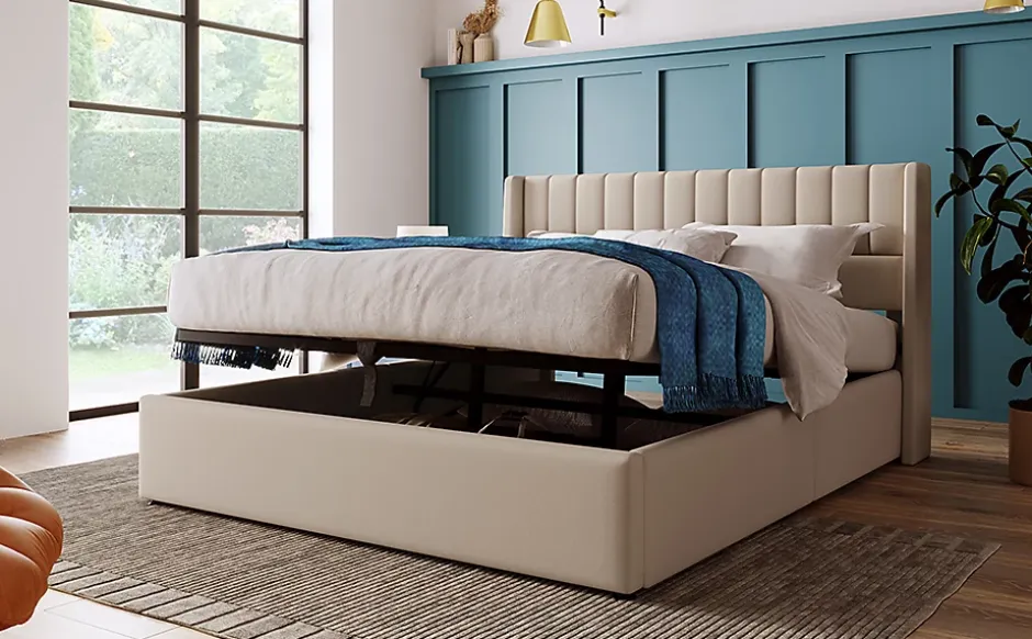 Redom Lit 140x200 cm avec rangement hydraulique et tête de lit rembourrée en lin beige, design moderne et élégant Clearance