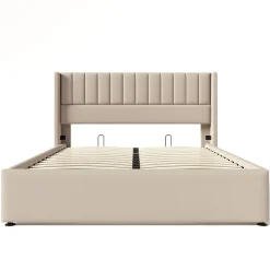 Redom Lit 160x200 cm avec rangement hydraulique, tête de lit rembourrée en lin beige et cadre métal robuste Best