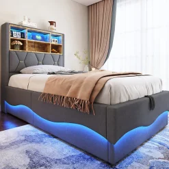 Redom Lit 90x200 cm avec rangement hydraulique et éclairage LED pilotable, tête de lit avec port USB